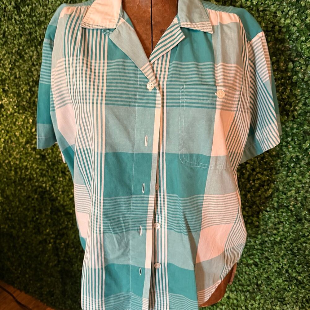 Vintage Koret Petites Teal Plaid Button Up Shirt Size P Short Sleeve Cottagecore